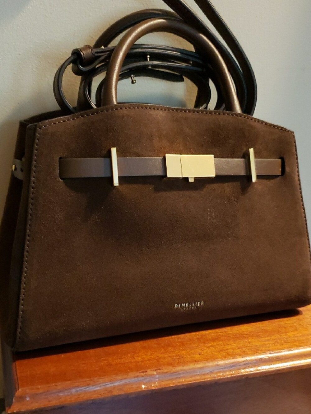 DeMellier Mocha Suede Top-Handle Satchel Small Hudson - Picture 5 of 9